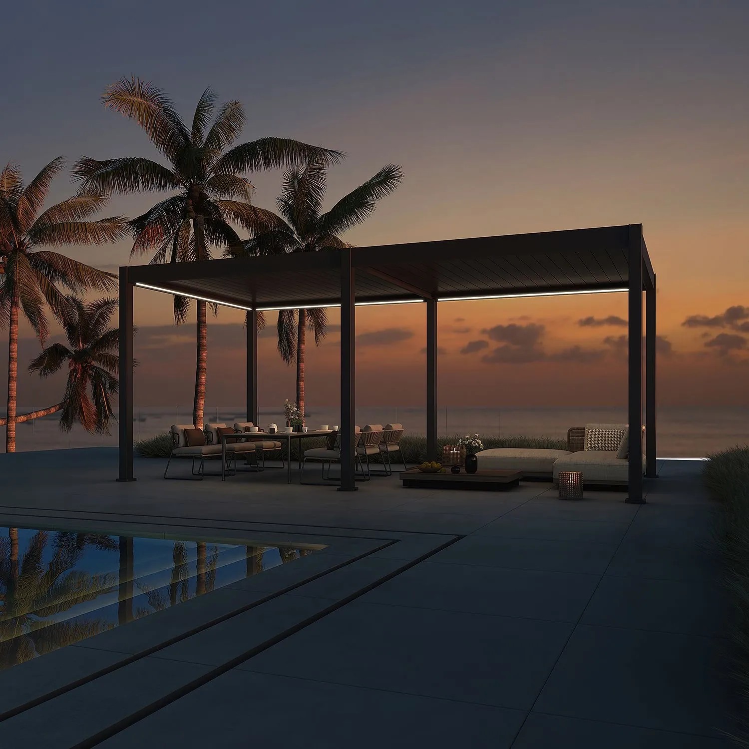 Elektrischer Aluminium Pavillon mit LED-Beleuchtung und Lamellendach in Anthrazit. Moderne Terrassenüberdachung für Outdoor-Wohnraum.