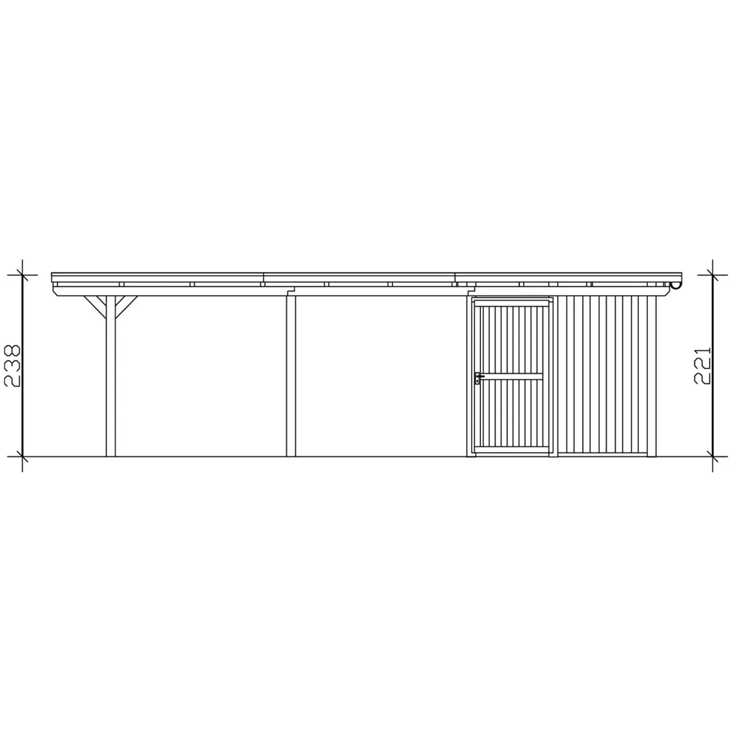 Skan Holz Carport Emsland mit Abstellraum, 354x846cm, Natur, Seitenansicht mit Maßen.