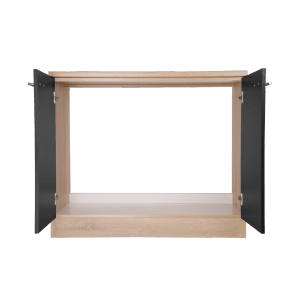 Respekta Spülenunterschrank Merle, 100 cm, Schwarz, mit geöffneten Türen und Arbeitsplatte.