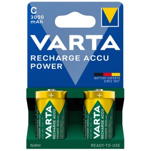 Blisterpack mit 2 gelb-grünen Varta Baby C HR14 NiMH Akkus, 3000 mAh. Für Spielzeug & Leuchten.