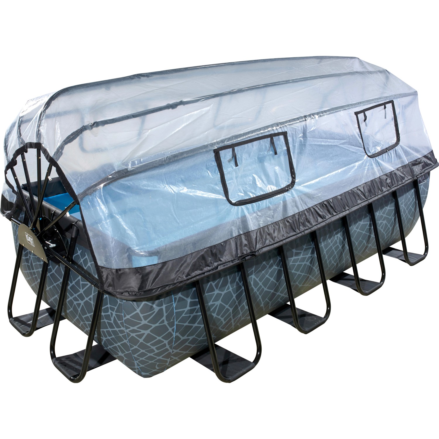 Grauer EXIT Stone Pool 400x200x100cm mit Abdeckung und Wärmepumpe.