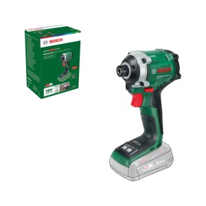 Bosch Akku-Drehschlagschrauber UniversalImpactDrive 18V-210 grün/schwarz, mit rotem Abzug, Akku-Umriss und Box.