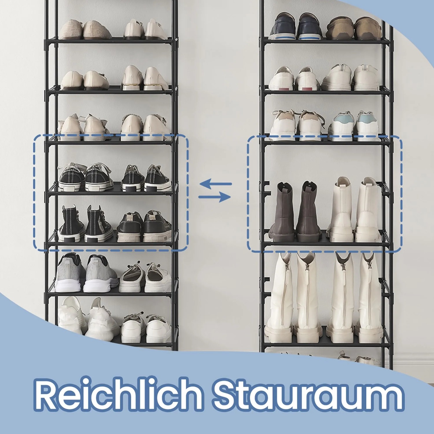 Schwarzes Songmics Schuhregal Rylan mit 10 Ebenen, gefüllt mit Schuhen.