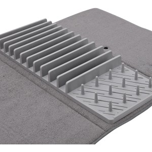 Graue Abtropfmatte mit integriertem Abtropfgestell für Geschirr. Küchenhelfer für schnelles Trocknen.