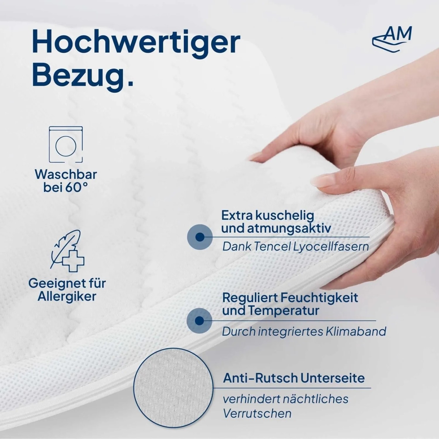 Detailaufnahme: Weißer AM Qualitätsmatratzen Gel Topper Bezug mit TENCEL Lyocellfasern.