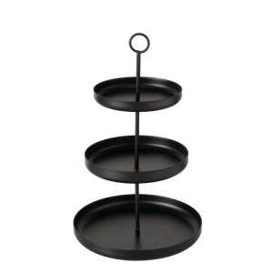 Schwarze, dreistöckige Boltze Etagere Credo aus Metall, 32,5 cm hoch, mit runden Ablagen und Griff. Für Deko oder Leckereien.