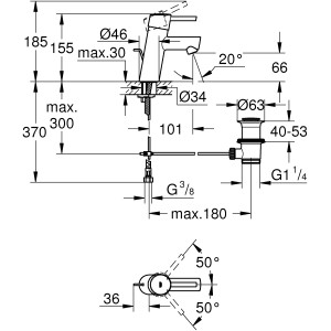 Technische Zeichnung Grohe Concetto Waschtischarmatur, Maße und Details zur Installation.