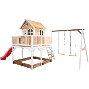Axi Liam Spielhaus mit Doppelschaukel, braun-weiß mit roter Rutsche. Spielturm mit Sandkasten und Schaukel.