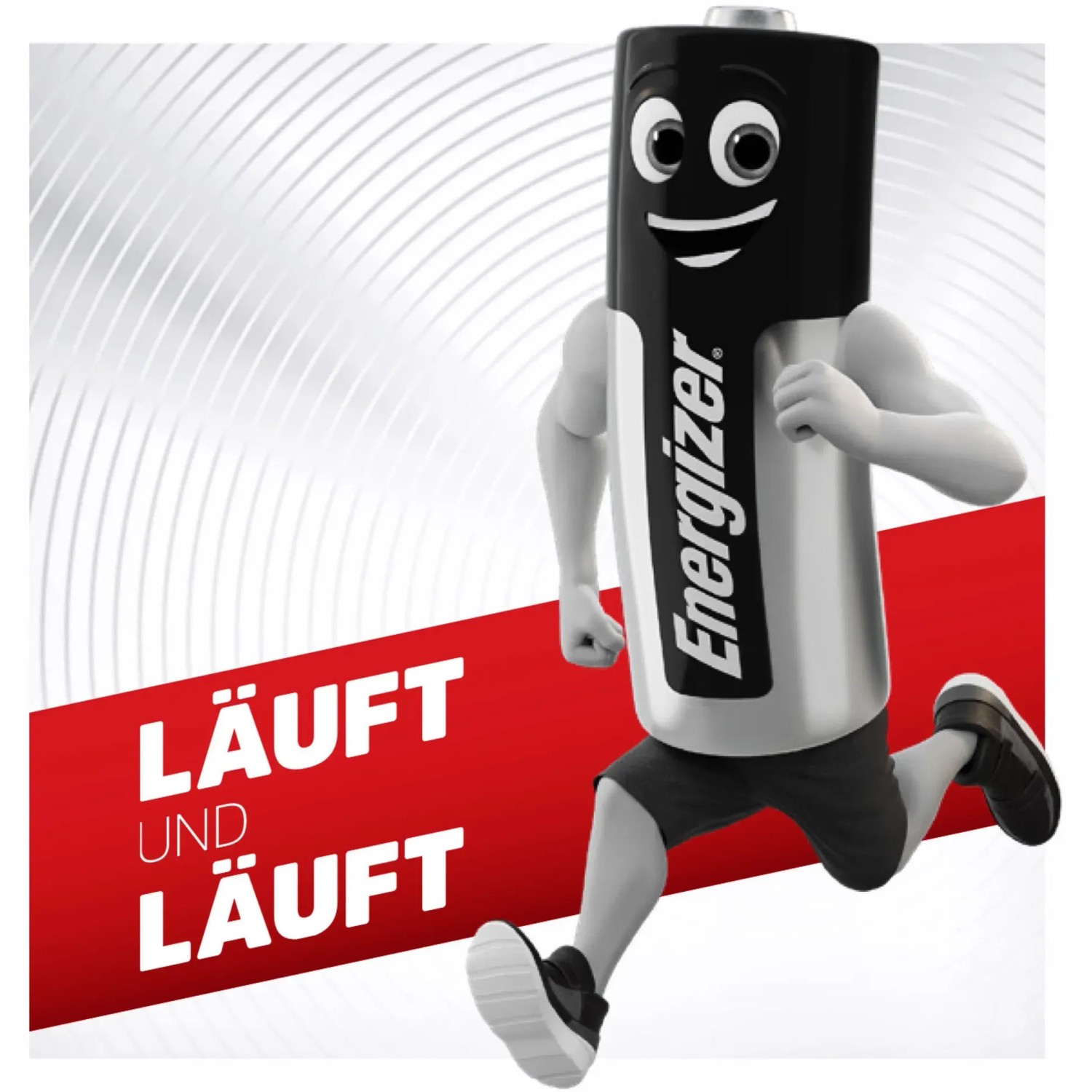 Energizer Max D Mono Batterie, 2er-Pack, als Comicfigur beim Laufen dargestellt.