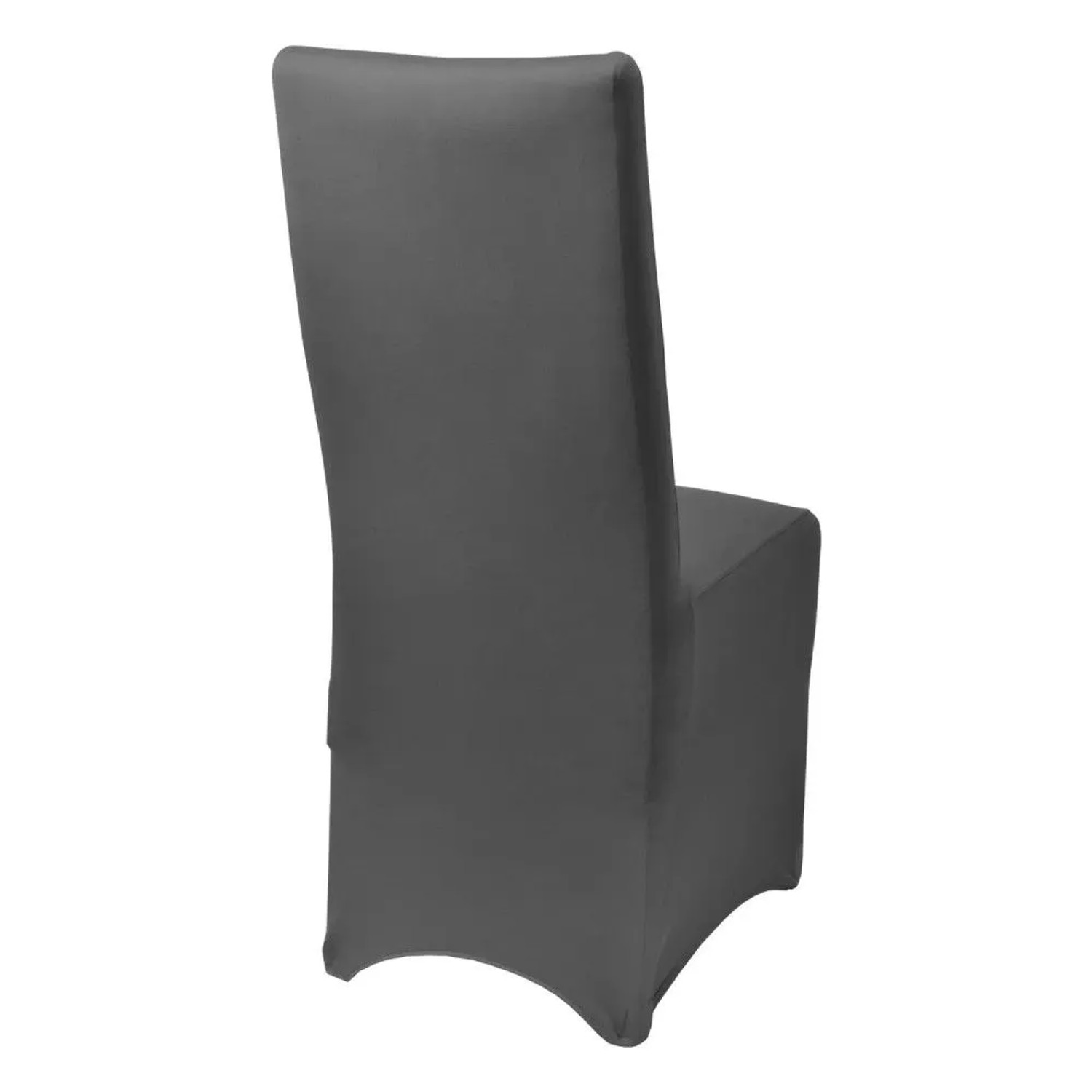 Anthrazitfarbene Beautissu Leona Stretch-Stuhlhusse für Bankettstühle. Elastisch, faltenfrei, schützt Stühle.