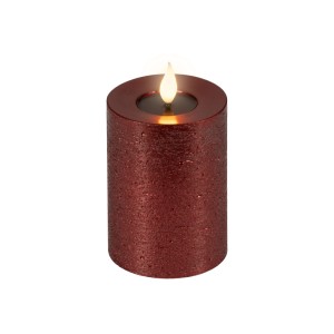 Rote Lumineo LED-Kerze aus Wachs mit glitzernder Oberfläche und realistischer, warmweißer Flamme.