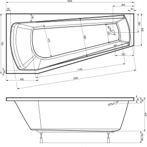Technische Zeichnung der Badewanne Bahia, 160x75 cm, Typ B, mit Maßangaben.