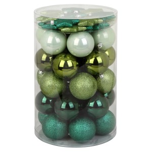 50-teiliges Baumschmuck-Set in Grün mit Kugeln und Sternen, verschiedene Oberflächen.