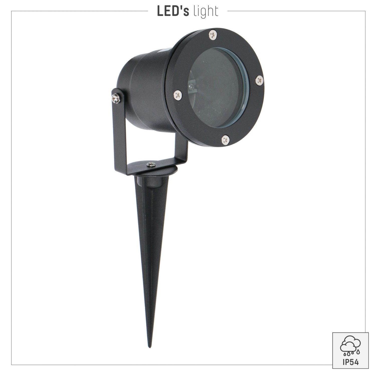 Schwarze LED's Work Außenleuchte mit Erdspieß, drehbar und spritzwassergeschützt.