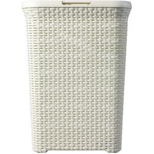 Cremefarbene Curver Style Wäschebox (60L) mit Rattan-Optik und Deckel, Teil des Wäschekorb Sets.