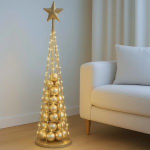 Goldfarbener Deko-Baum aus Metall, 115 cm hoch, mit Stern und Kugeln, Weihnachtsdekoration.