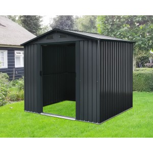 Floraworld Metall-Gerätehaus in Anthrazit, 3,66 m², mit geöffneter Tür auf Rasenfläche.