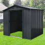 Floraworld Metall-Gerätehaus in Anthrazit, 3,66 m², mit geöffneter Tür auf Rasenfläche.