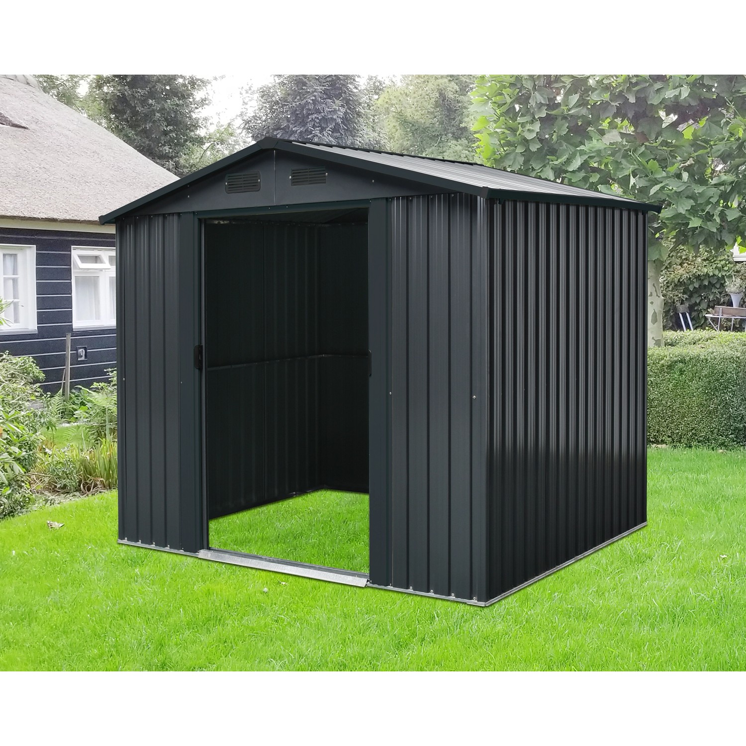 Floraworld Metall-Gerätehaus in Anthrazit, 3,66 m², mit geöffneter Tür auf Rasenfläche.