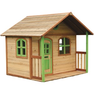 Axi Milan Spielhaus aus Holz, braun und grün, mit Veranda. Ideal für Kinder zum Spielen im Garten.