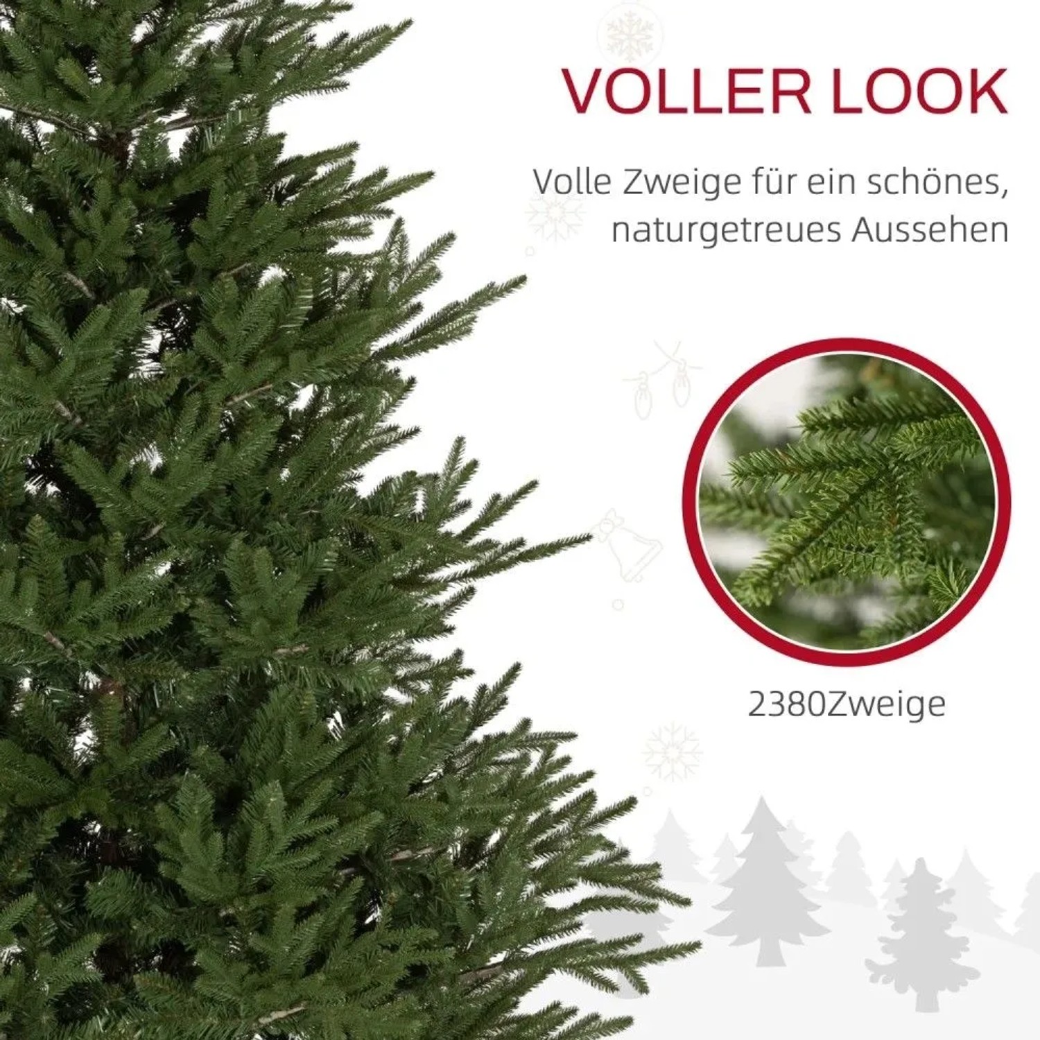 Nahaufnahme eines grünen, künstlichen Weihnachtsbaums mit dichten, naturgetreuen Zweigen und 2380 Spitzen.