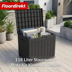 Floordirekt Gartenbox Holzoptik Wetterfest Auflagenbox Kissenbox Anthrazit 118 L