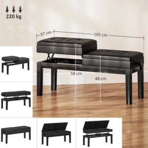 Schwarze HOMCOM Klavierbank mit höhenverstellbaren Doppelsitzen aus Kunstleder und Stauraum, 105x37x48-58cm.