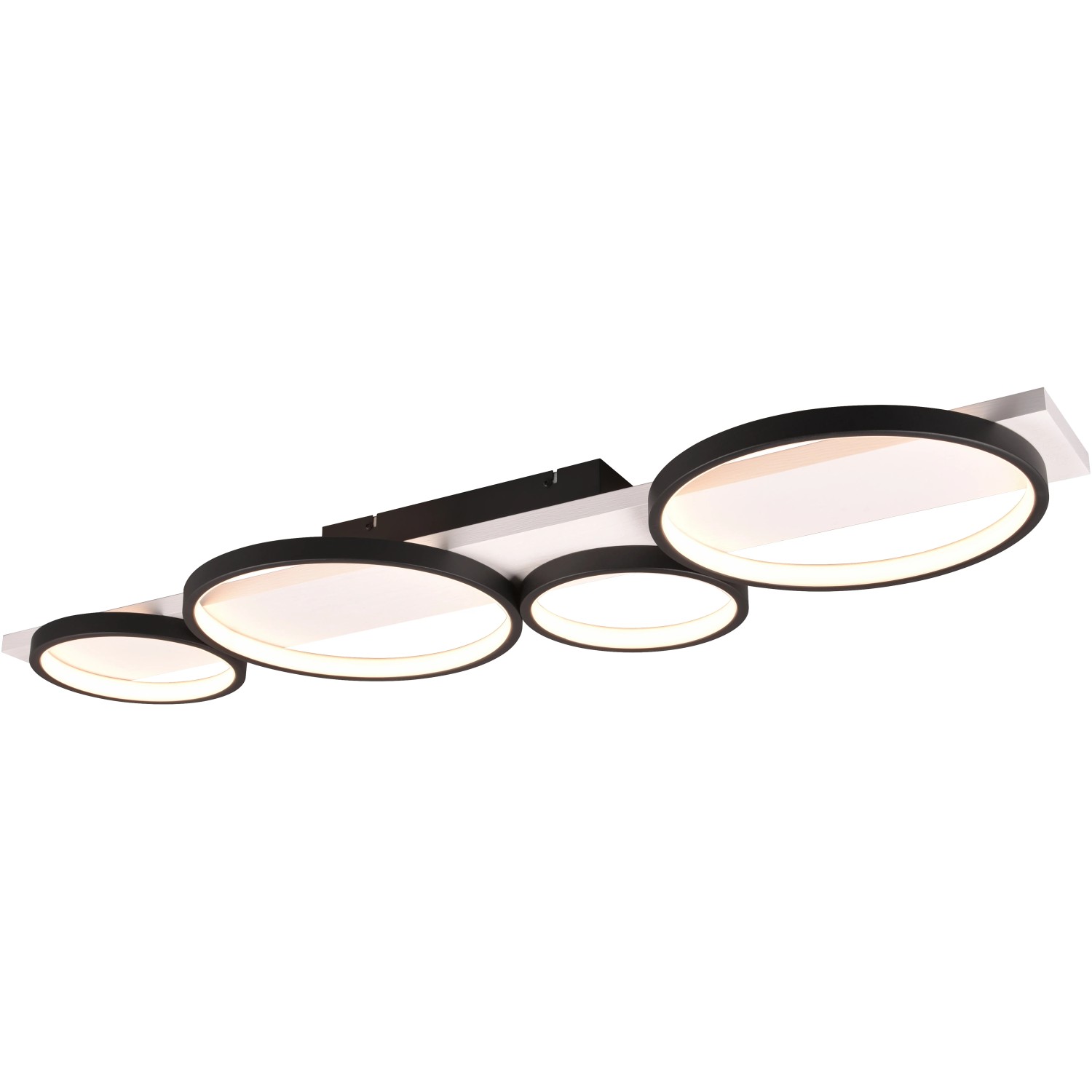 Moderne Trio LED Deckenleuchte Medera, schwarz matt mit vier runden Leuchtelementen.