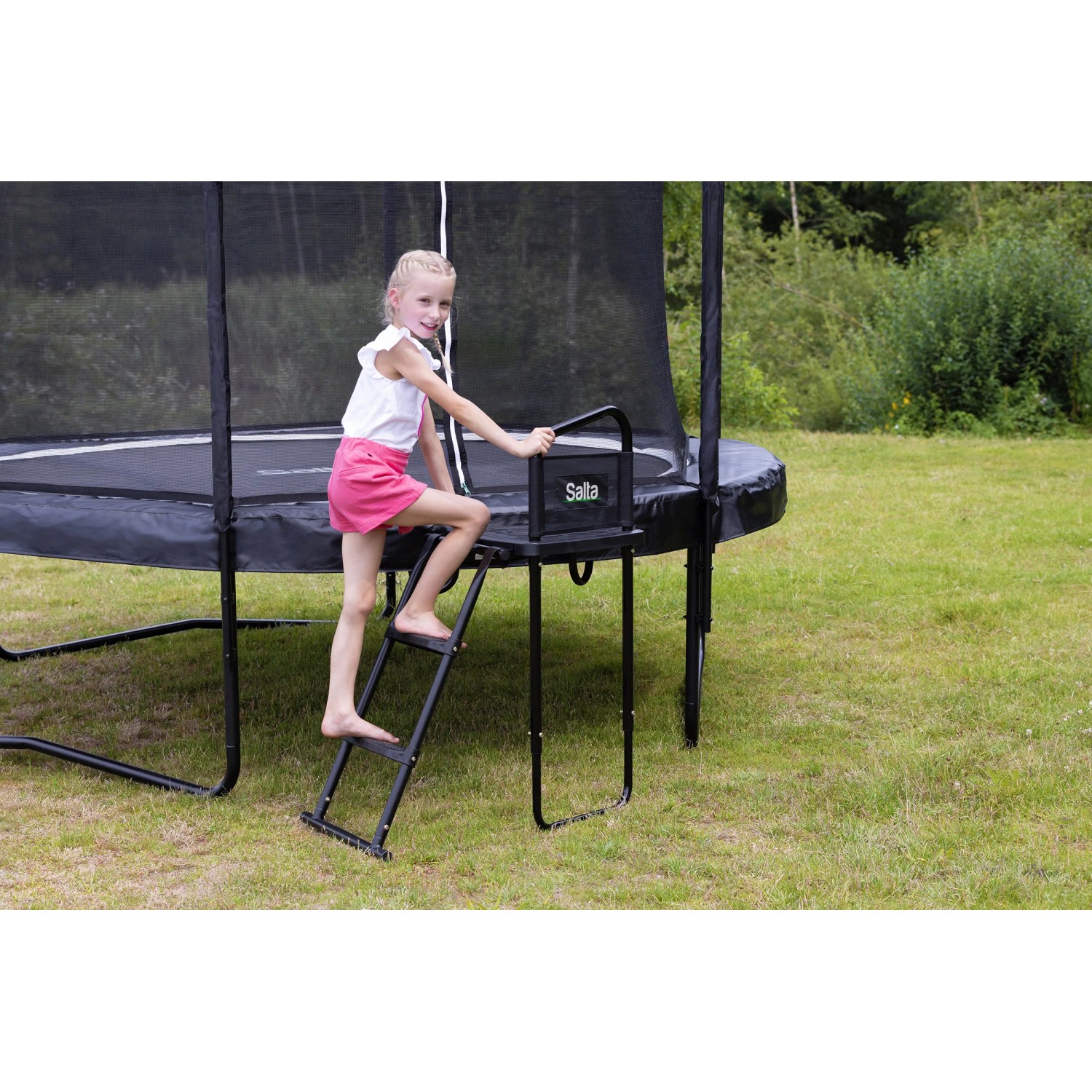 Salta Trampolin Plattform, höhenverstellbar (83-93cm), für sicheren Aufstieg.