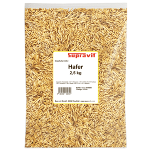 Supravit Futterhafer 2,5 kg für Pferde. Transparenter Beutel mit ganzen, goldbraunen Haferkörnern als Energiefutter.