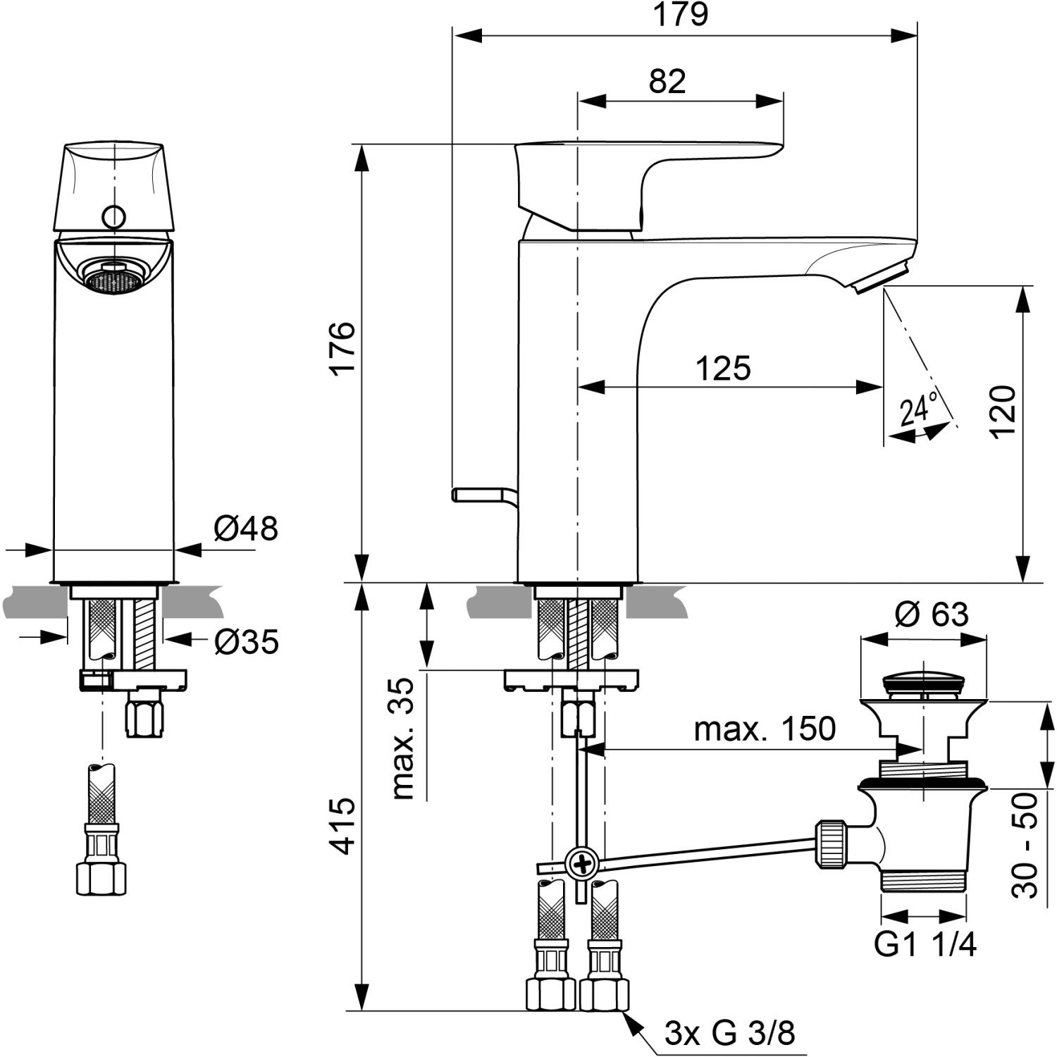 Technische Zeichnung: Ideal Standard Connect Air Waschtischarmatur Niederdruck Grande Chrom, Maße und Details.