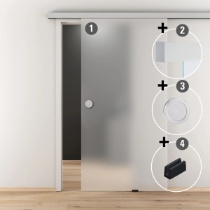 Glasschiebetür-Set Nova 501 Alu mit Griffmuschel, satiniertes Glas, Komplettansicht mit Details.