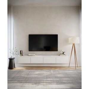 Weißes Selsey TV-Hängeboard Bemmi 200 cm schwebend an der Wand im modernen Wohnzimmer. TV-Schrank mit vier Fächern.