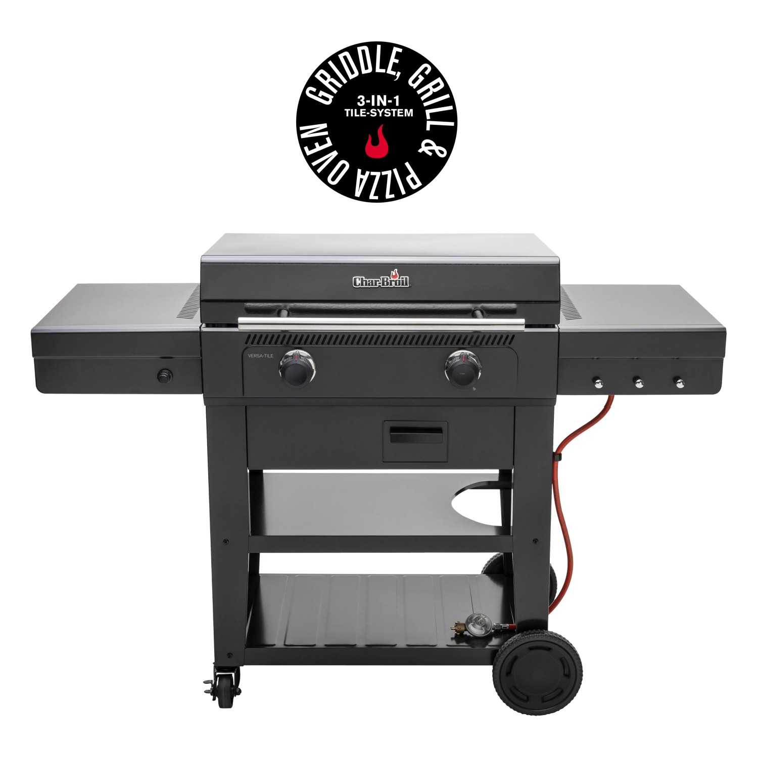 Char-Broil Versa-Tile Gasgrill zum Braten, Grillen und Backen mit Ablageflächen und Rädern.