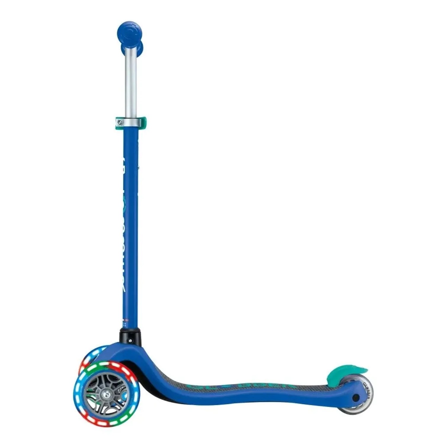 Dunkelblauer Globber Primo Lights Kinder Tretroller mit 3 Rädern, LED-Leuchtrollen und verstellbarer Lenkstange.