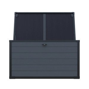 Geöffnete, anthrazitfarbene Westmann Gartenbox XXL Silva aus Kunststoff, 570 l.