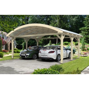 Skan Holz Doppelcarport Franken mit Bogendach und zwei parkenden Autos.