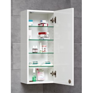 Pelipal Medizinschrank 980 Wien, weiß, mit offener Tür und Glasböden.