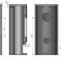 Technische Zeichnung des schwarzen Justus Usedom W+ Kaminofens (5 kW) mit Maßen und Ansichten.