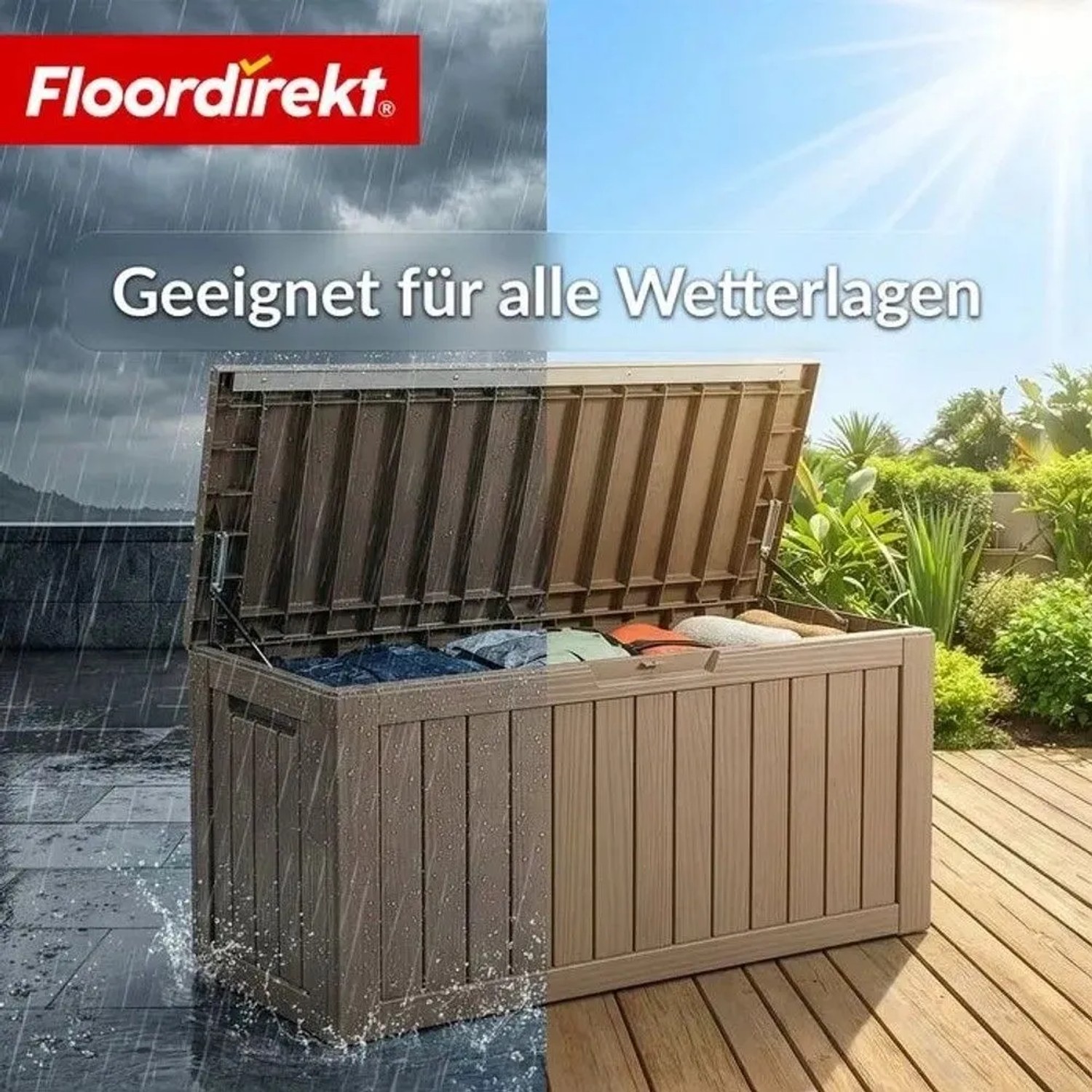 Floordirekt Gartenbox Holzoptik Wetterfest Auflagenbox Kissenbox Braun 300 L kaufen bei OBI