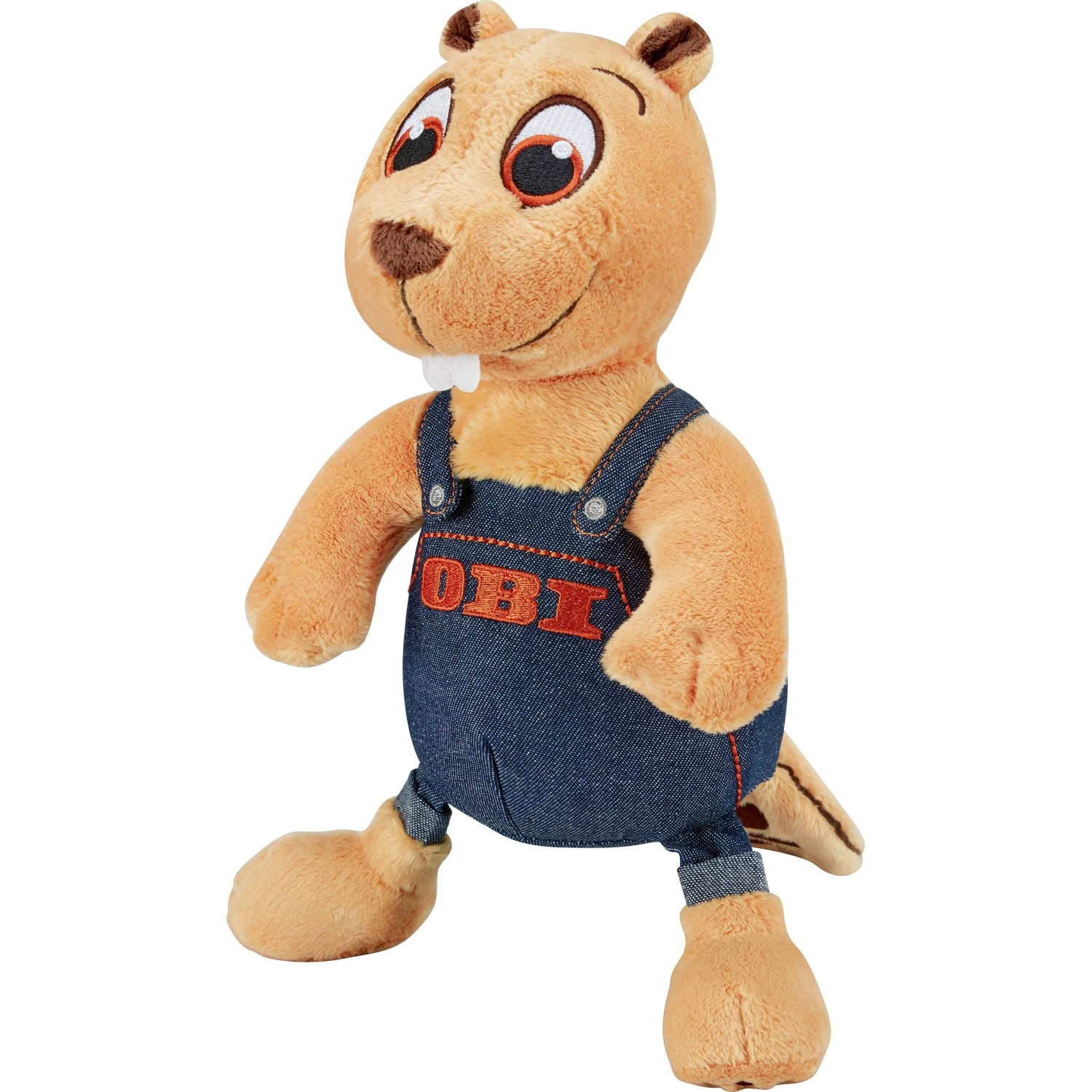 OBI Biber Plüschtier in Orange mit Jeans-Latzhose und OBI Logo. Kuscheliges Stofftier für Kinder und Fans.