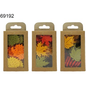 24-teiliges Set Filzornamente Herbst Bunt, 3-fach sortiert, 3,5x6x13cm, in braunen Kartons.
