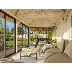 Palmako Pavillon Bianca Set mit Schiebetüren und Leimholzpfosten, lackiert in Weiß.