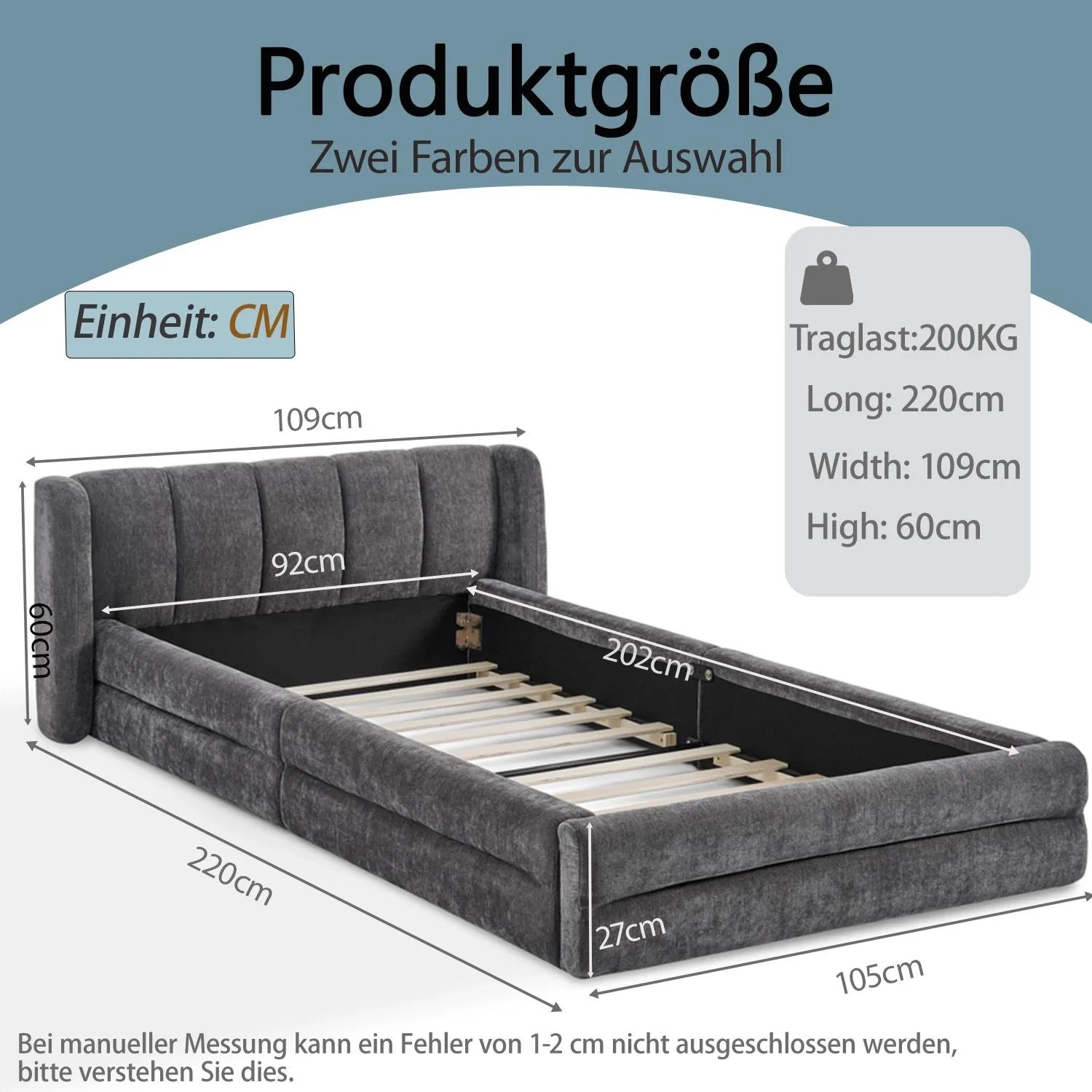 okwish Einzelbett 90x200cm mit Rückenlehne Chenille Kinderzimmer Grau ohne Matratze_5