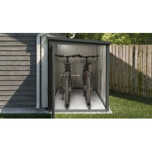 Offene, anthrazitfarbene Weka Metall-Bikebox Gary mit zwei Fahrrädern auf Schienen. Fahrradbox für sichere Aufbewahrung.