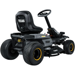 Texas Akku-Rasentraktor Epsilon R9600Li, 96 cm Schnittbreite, mit großem Sitz und gelben Felgen.