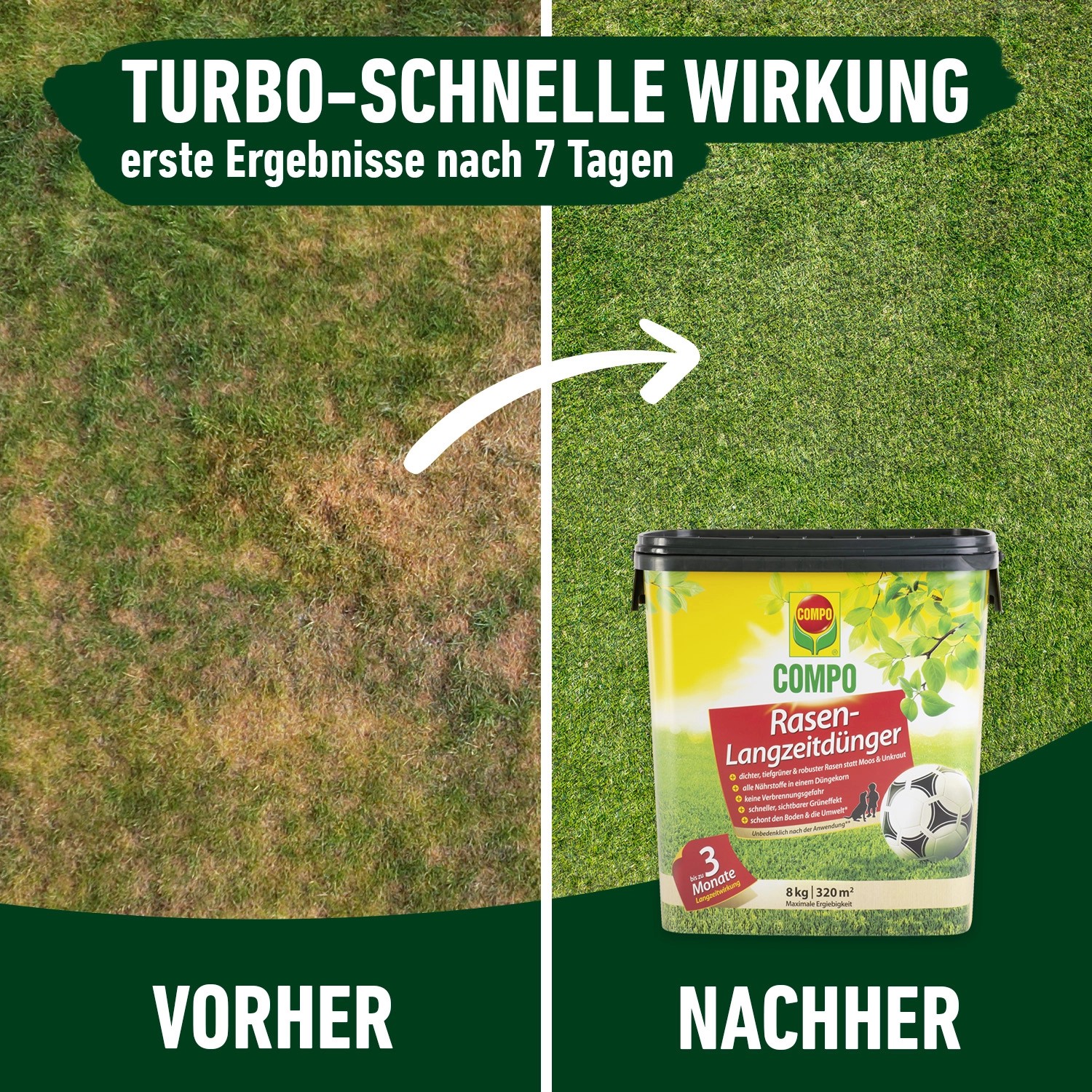 Compo Rasen-Langzeitdünger 8kg: Vorher/Nachher-Vergleich für dichten, grünen Rasen.
