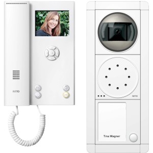 Weißes Ritto Video-Set für 1 Wohneinheit, Türsprechanlage mit Kamera und Display.