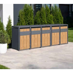 Westmann Mülltonnenbox Varius 5 für 5 Tonnen, Anthrazit & Holzoptik, auf gepflasterter Terrasse im Garten.