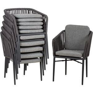 Acamp Manhattan Gartenstuhl Set, 4 anthrazitfarbene Sessel mit grauen Kissen, einer gestapelt.